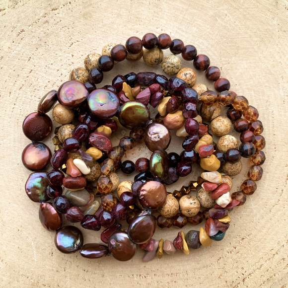 Natural Dark Red Garnet & Gold Jasper Mookaite Mix Gemstone Bead Bracelet Stack - Picture 4 of 11